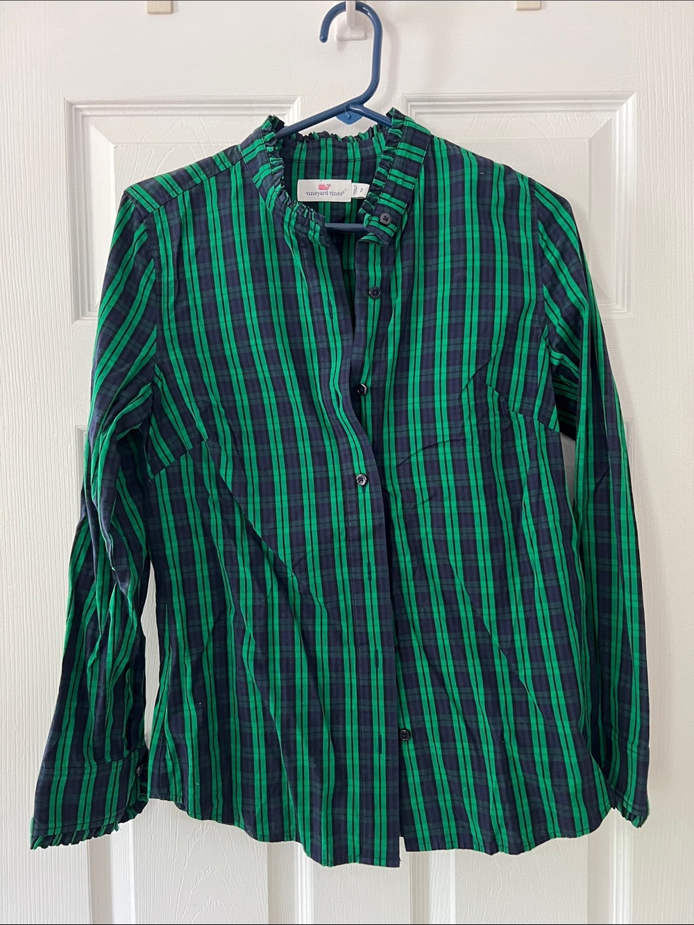 Vineyard Vines Green and Navy Striped Ruffle-Neck Top